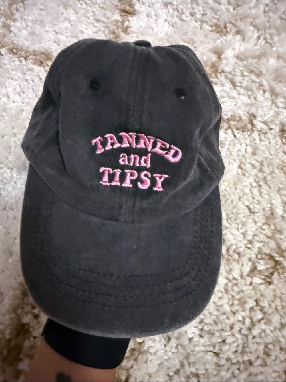 Black Baseball Cap with Pink "Tanned and Tipsy" Embroidery